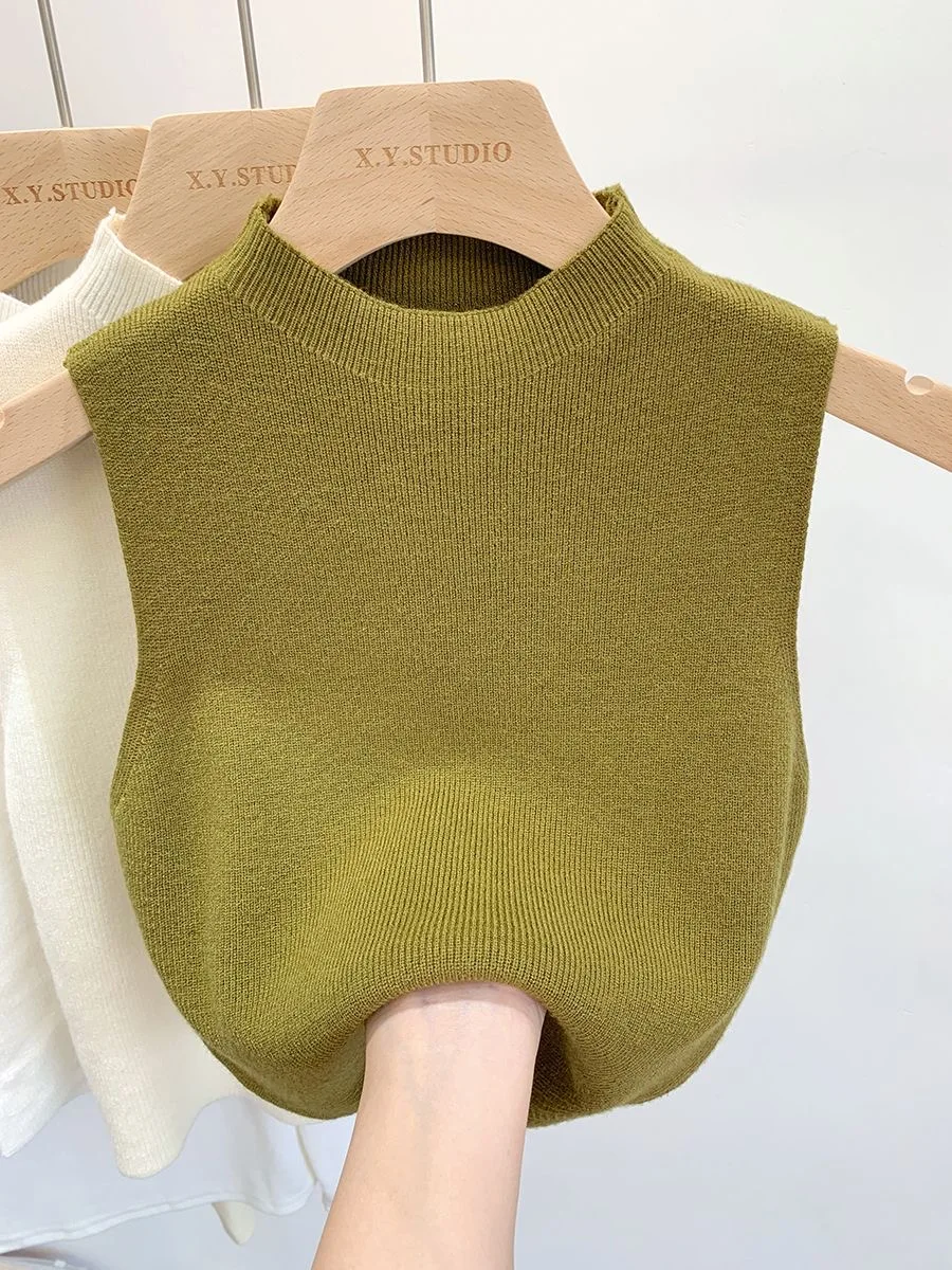 

Sleeveless Sweater Women Tank Tops Spring Autumn Haif Turtleneck Sweater Women Simple Versatile Slim Knitted Sweater