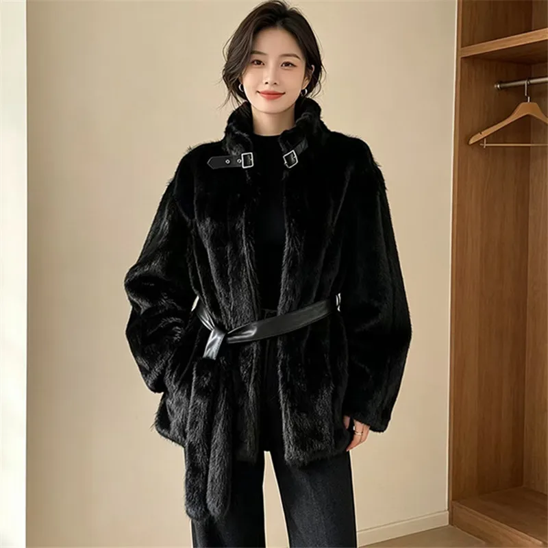 Faux Mink Fur Coats for Women,Adjustable Waist Jackets,Stand Collar Overcoat,Female Clothes,New,Autumn and Winter