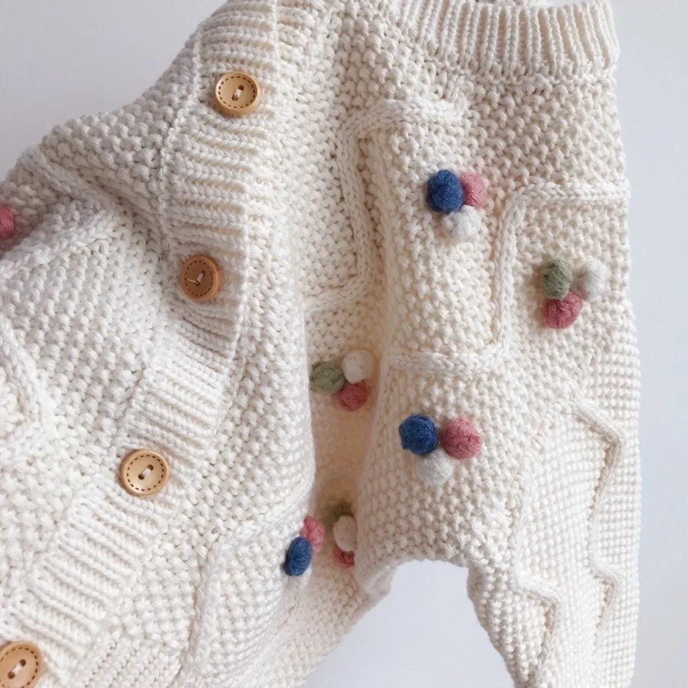Fashion Sweet Knitted Sweater Warm Candy Color Knitted Cardigan Pom Pom Design Girls Coat Autumn