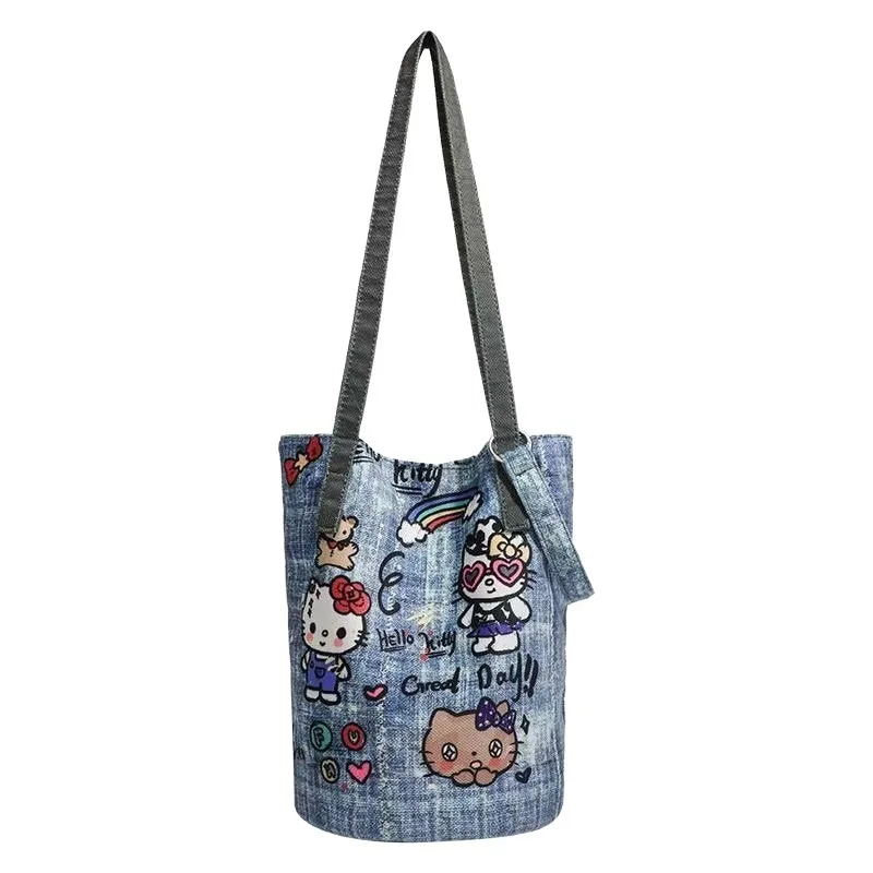 

Sanrio Denim Kawaii Shoulder Bag for Woman Cute Hello Kitty Handbag Large Capacity Portable Luxury Designer Girls Bag