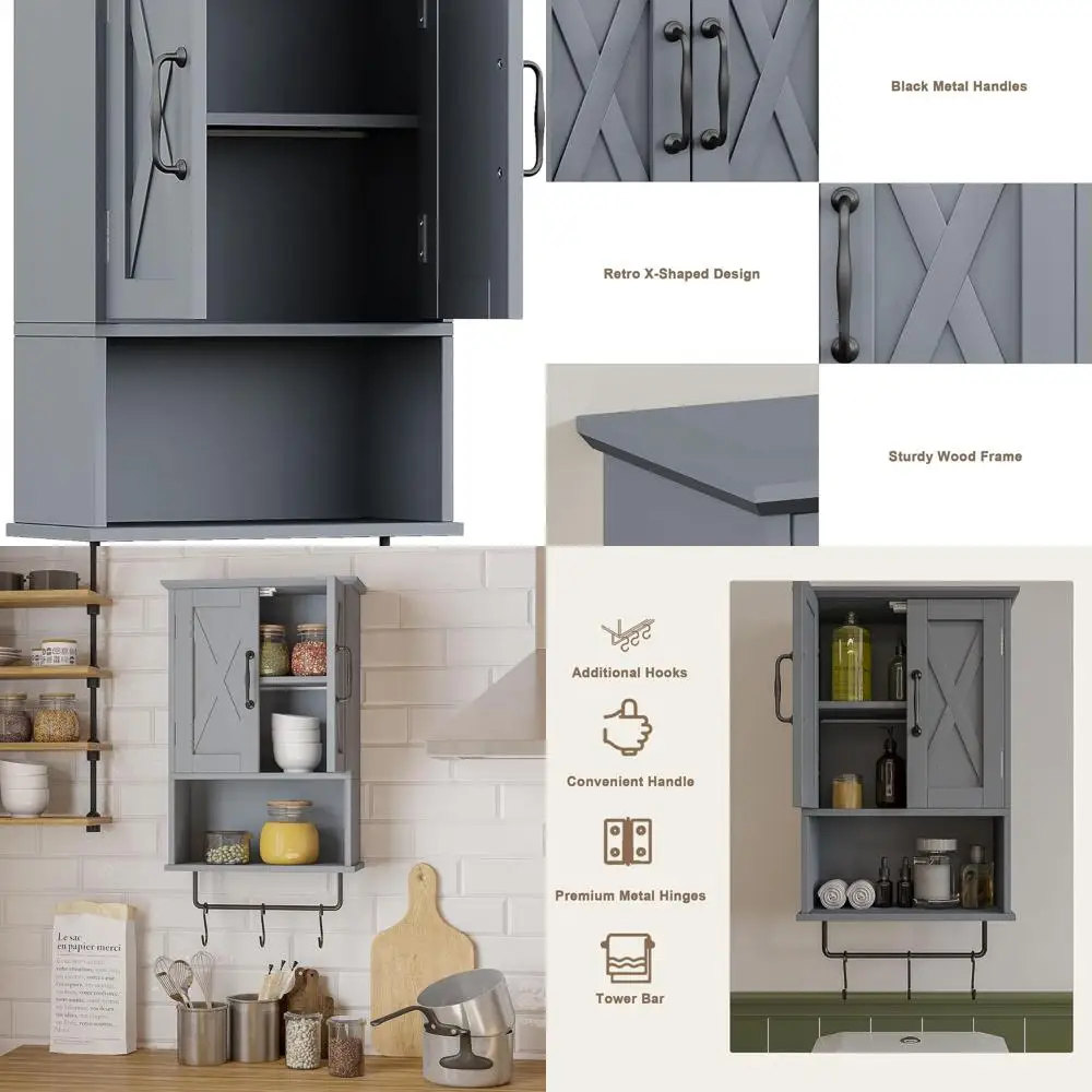 

Серая регулируемая полка, настенный шкаф для ванной комнаты в стиле фермерского дома с вешалкой для полотенец и 3 крючками, хранилище над унитазом