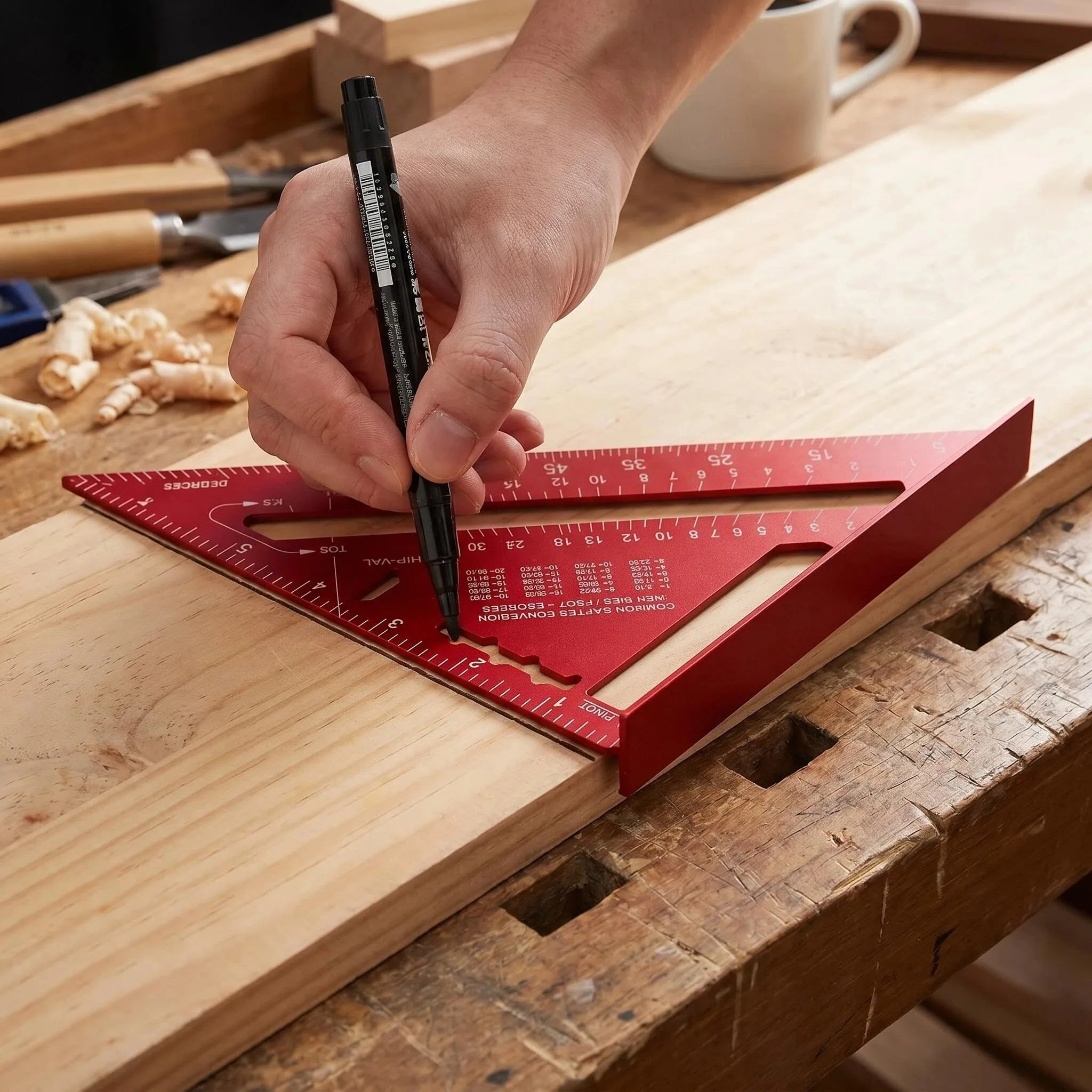 7-Inch Woodworking Triangle Ruler with Imperial Scale - Laser-Engraved Corrosion-Resistant Red Anodized Aluminum, Precision Marking Guide with Wide Base for Stable Layout