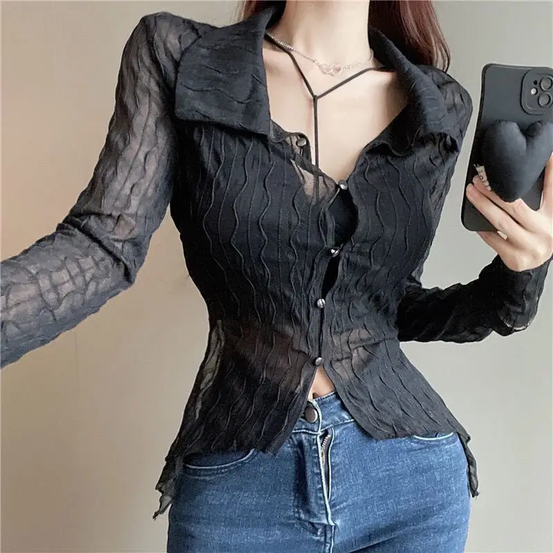 Sheer Shirts Women Sexy Sunscreen Thin See-through Skinny Crop Tops Fashion Chic Summer Breathable Casual Vintage Camisas Mujer