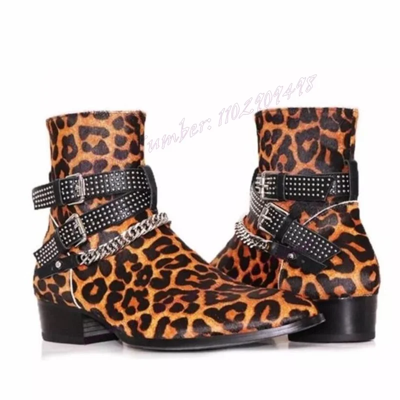 Leopard Strappy Men's Chelsea Boots Pointed Toe Chunky Heels Luxury Shoes for Men Handmade Runway Shoes Zapatos Para Hombres