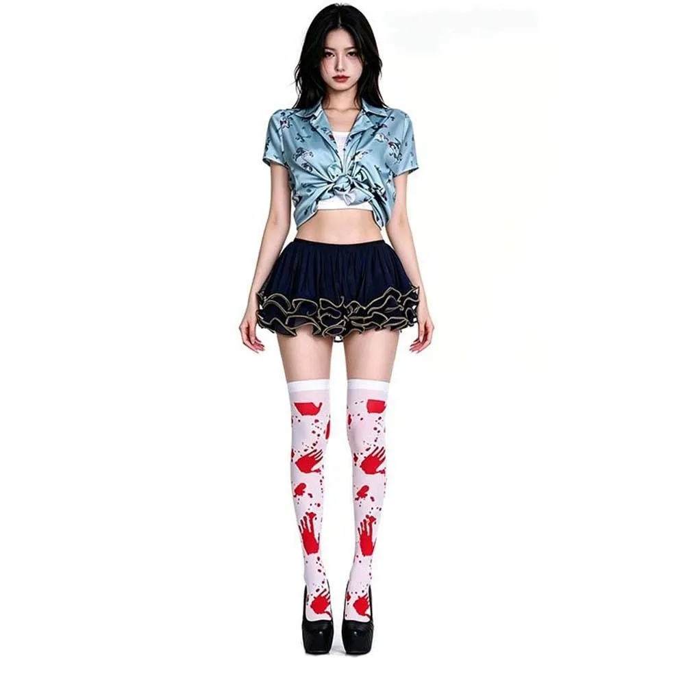 Stretchy Halloween Bloody Cloak Realistic Blood Print Breathable Blood Splatter Stockings Washable Durable Lightweight Polyester