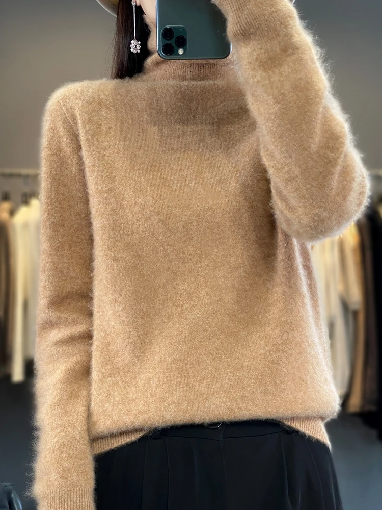 Women's Turtleneck Long Sleeve Cashmere Pullover 100% Merino Wool Sweater Basic Clothing Autumn Winter Knitwear Comfort Tops