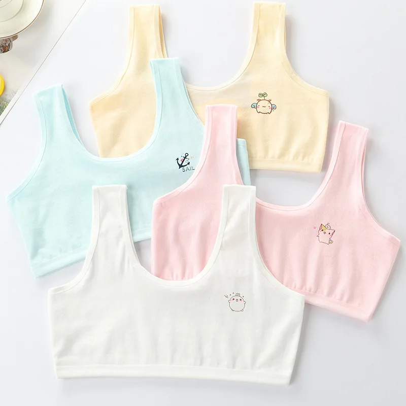 4Pcs Girls Double-Layer Training Bra Cute Cotton Cami Underwear For Student Comfortable Vest