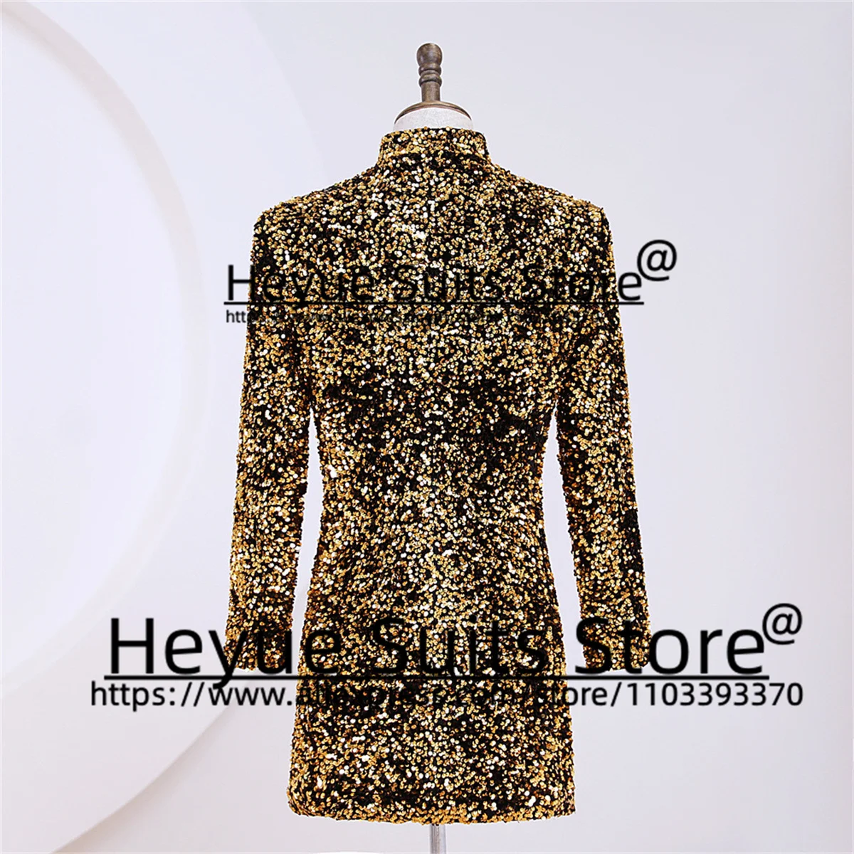 Golden Shiny Sequin Wedding Suits For Men Slim Fit Stand Collar Groom Tuxedos Prom 2 Pcs Sets Elegant Male Blazer Costume Homme