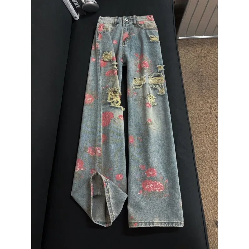

Womens Jeans Distressed Straight Leg Womens Pants Loose Fit Dark American Street Style High Waisted Denim
