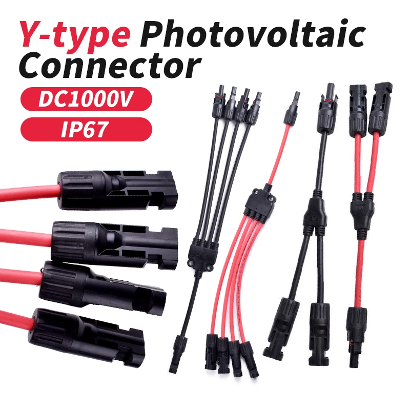 30A DC1000V Y-shaped Photovoltaic Connector Cable Waterproof IP67 Y3 Y4 Y5 1 to 2 Parallel Black Red Wire Solar Panel Plug Wire