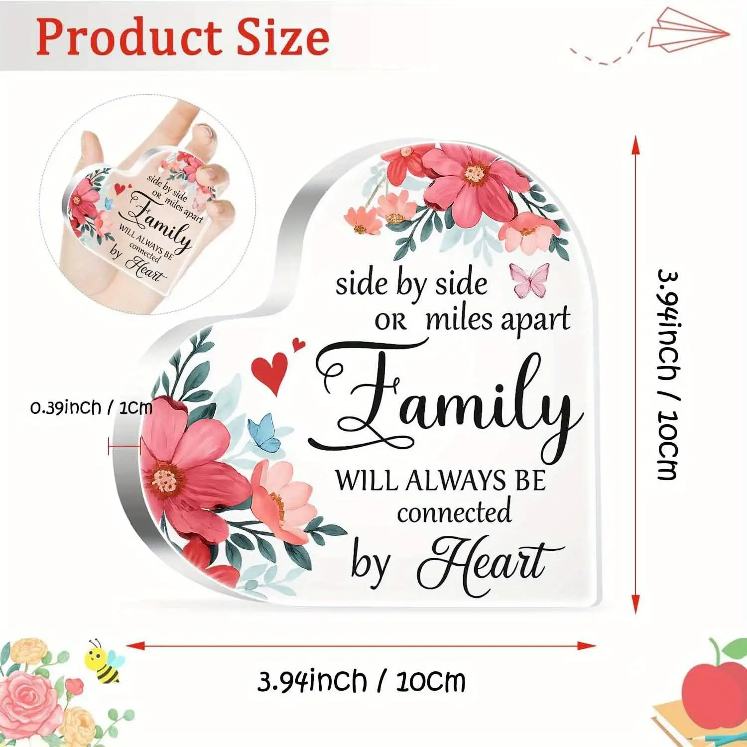 Heart‑Shaped Acrylic Plaque Family Side By Side Or Miles Apart Pink Floral Butterfly Freestanding Family Keepsake Gift