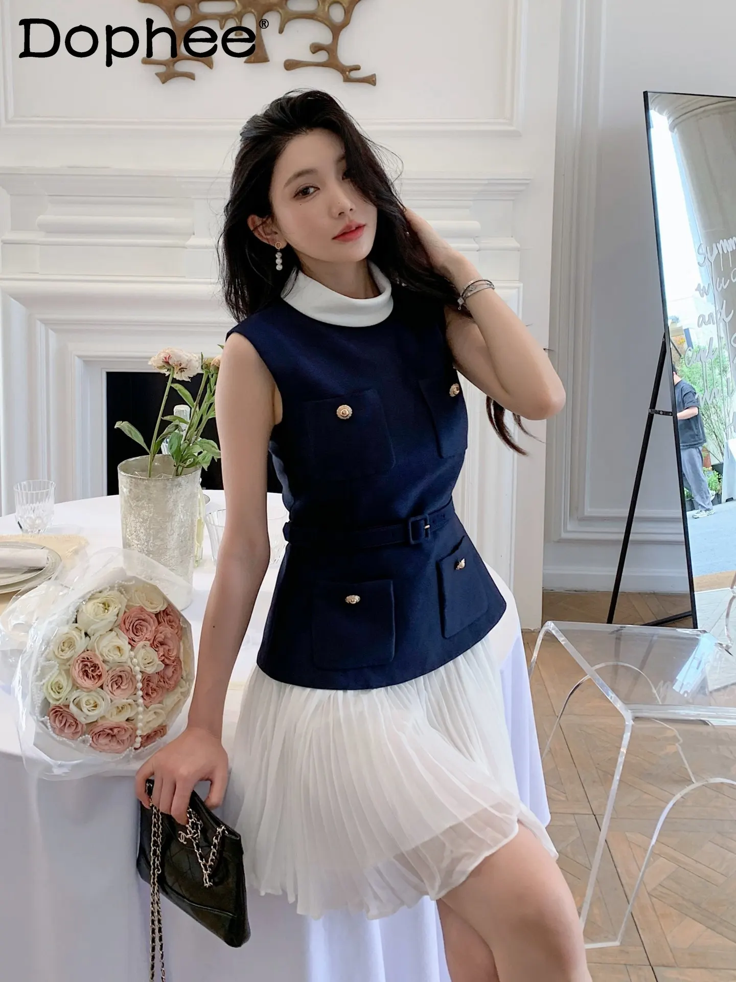 

2026 Summer New Product Elegant Lady Pleated Chiffon Short Dress French Temperament Socialite Style Women's Sleeveless Dress