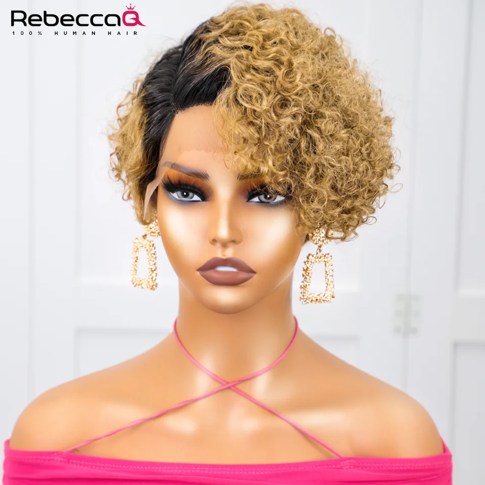 Highlight Human Hair Curly Bob Wig Short Pixie Cut Wig With Bangs Blond Human Hair Wigs Left Side Part Lace Front Wigs For Women