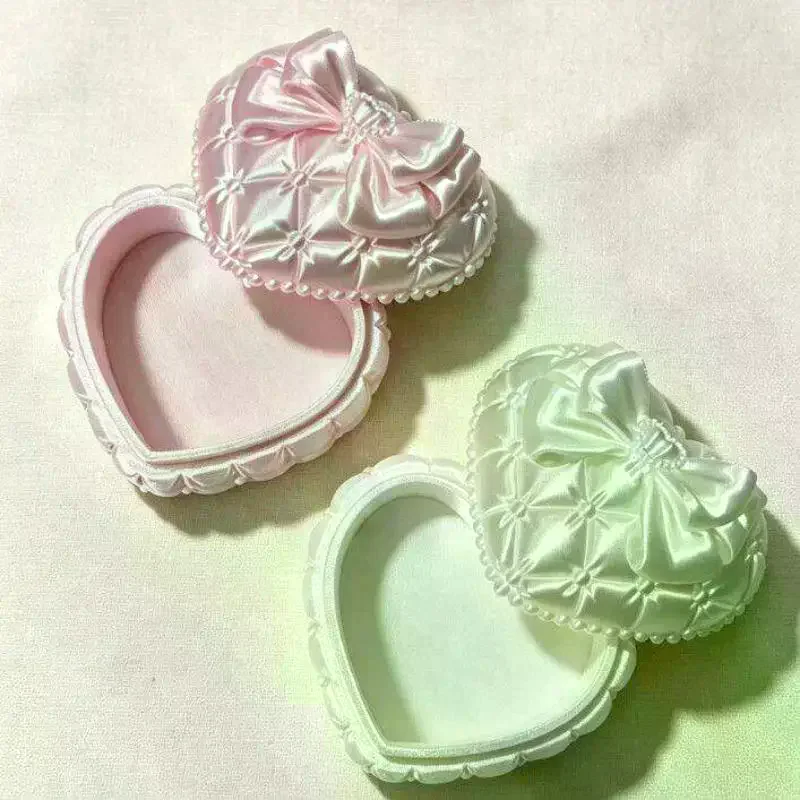 Girly Aesthetic Ins Style Exquisite Trinket Storage Organizer Silk Heart-Shaped Jewelry Box With Bowknot Gift For Women 1Pcs