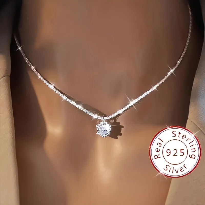 

Серебряное колье 925 пробы с циркониевым кулоном, сверкающая цепочка на ключицу, женское украшение для вечеринок, подарок
