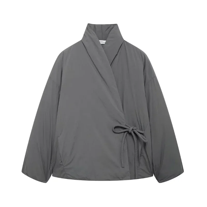 

Women Wrap-around Kimono Jacket for Female High Collar Long Sleeves Fashion Double Breasted Outerwear