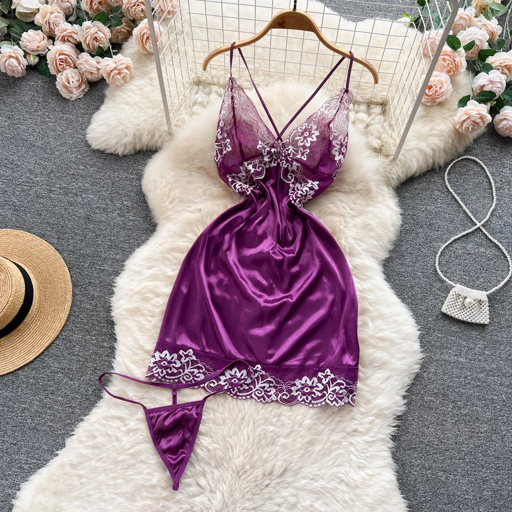 Women Night Dress Sleeveless Backless Porno Pajamas Floral Lace Erotic Nightwears+Thongs Satin Sexy Short Transparent Dresses