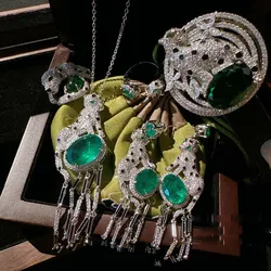 Women Green tassel necklace leopard set earrings vintage long cheetah opening ring