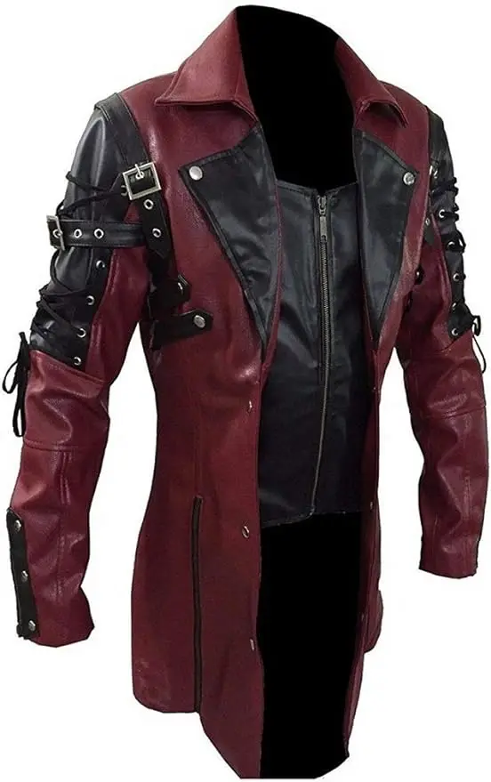 New Steampunk Men\'s Gothic Trench Coat Leather Jacket Punk Style Biker Jacke Autumn Winter Motocycle Jacket