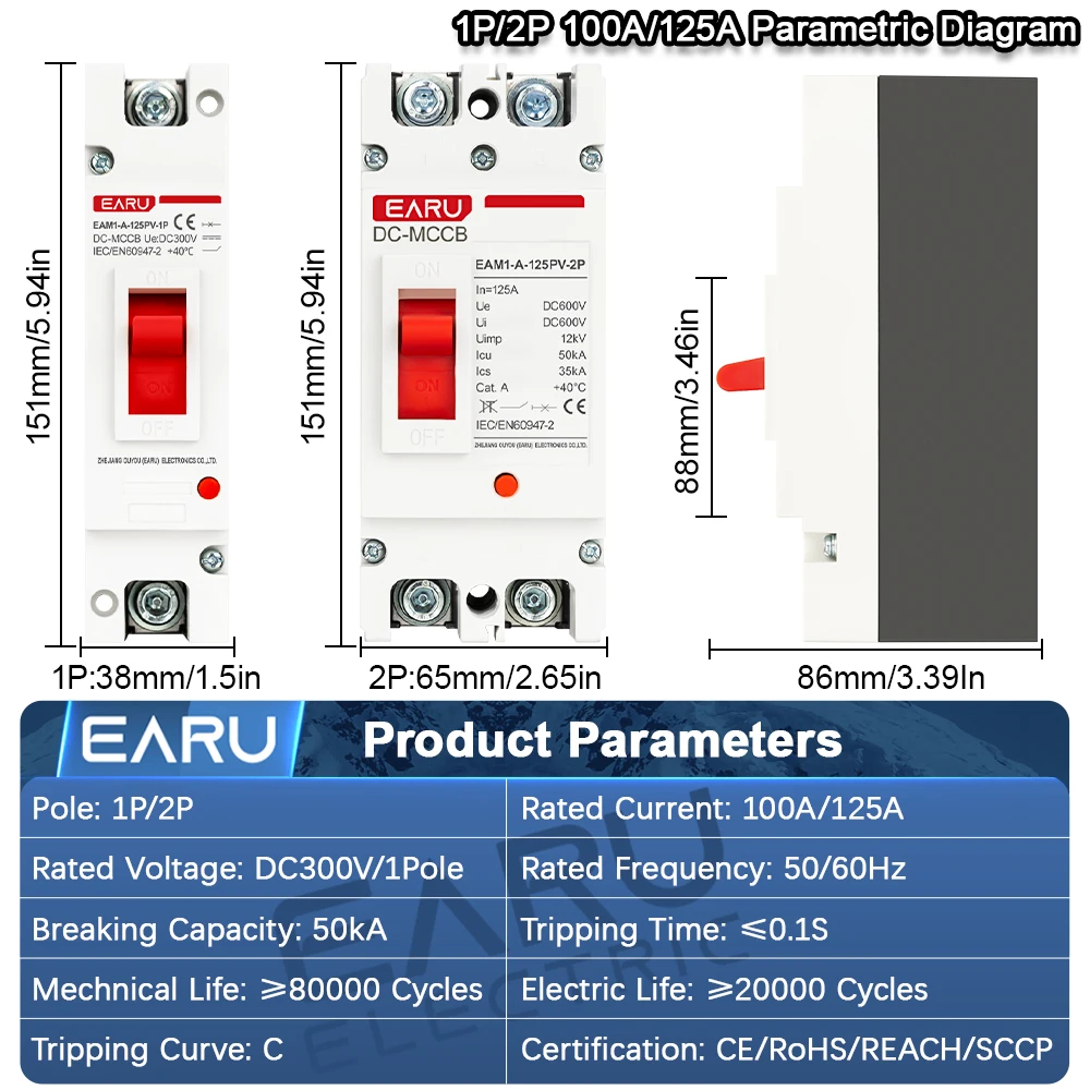 EARU 1P 2P DC Solar Molded Case Circuit Breaker MCCB Overload Protection Switch Protector Solar Photovoltaic PV Battery Isolator
