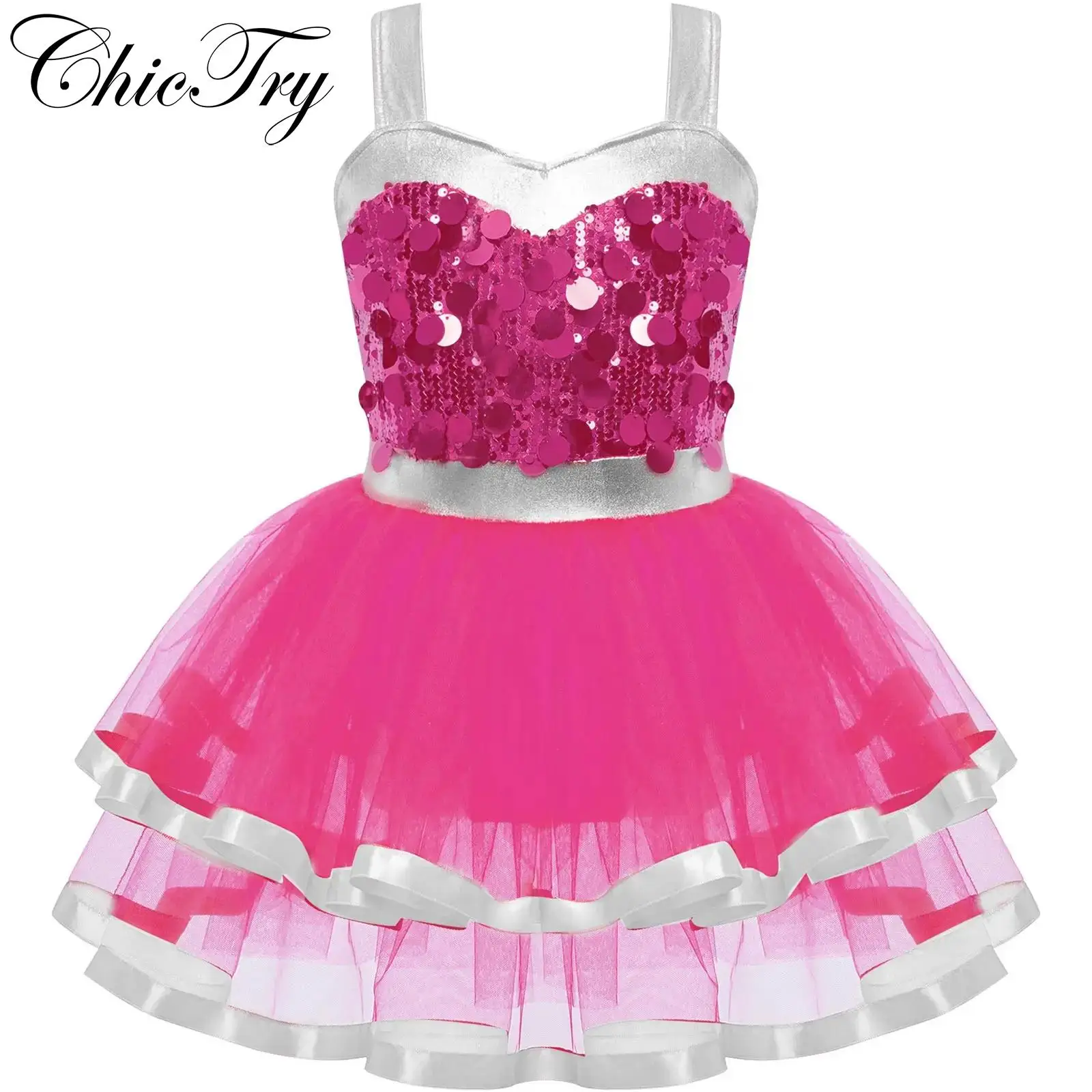 

Kids Girls Ballet Dance Tutu Dress Stage Performance Ballerina Costume Sleeveless Color Block Sparkling Sequins Lyrical Dress