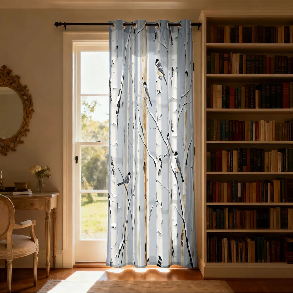 1pc birch forest titmouse print single-loop curtain single-loop curtain living room  bedroom door  home decoration