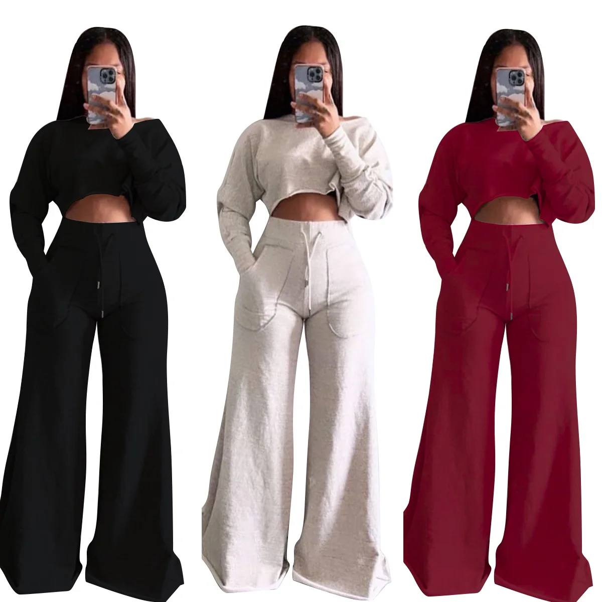 

New Arrival European and American Women's Casual Fashion Loose Wide-Leg Top with Waist-Exposing Design Set