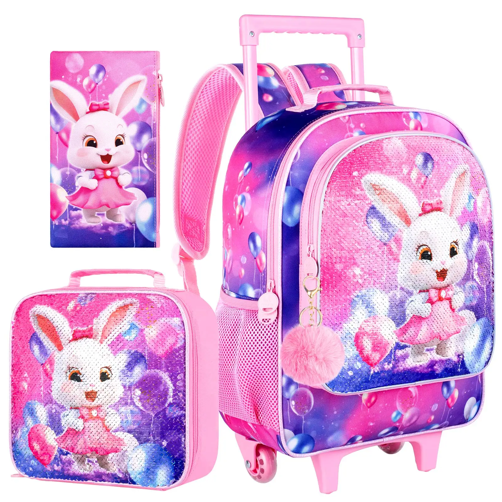 

Набор из 3-х рюкзаков на колесиках для девочек, детский школьный рюкзак на колесиках, рюкзак-книжка на колесиках с зайчиком для начальной школы, дошкольных учреждений и детского сада