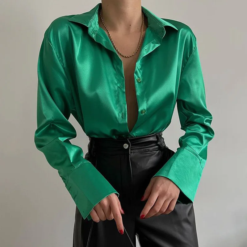 Elegant Satin Shirts Women Fashion Tops 2024 Spring Solid Long Sleeve Blouses Vintage Purple Casual Loose Buttons Clothes 18913