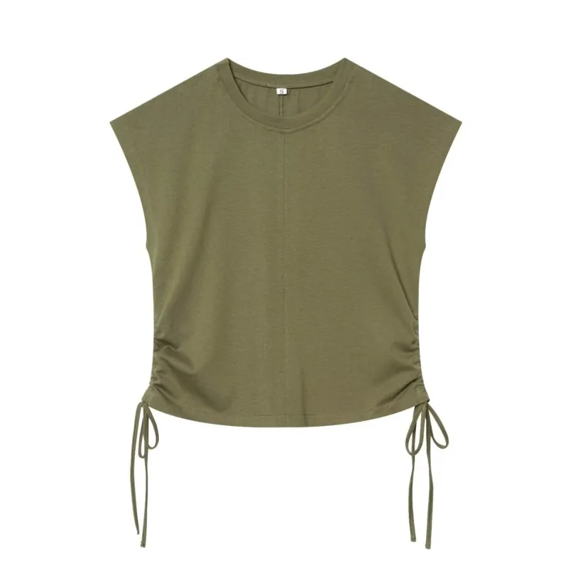 Women's Round Neck Drop Shoulder Sleeves T-Shirt O Neck Sleeveless Adjustable Drawstrings Top Casual Female Vacation Style Tops
