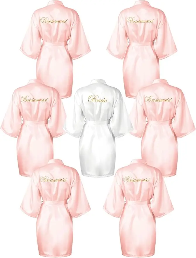 7 Pcs Bridesmaids Satin Robes Silky Bride Kimono Bathrobe Sleepwear for Wedding