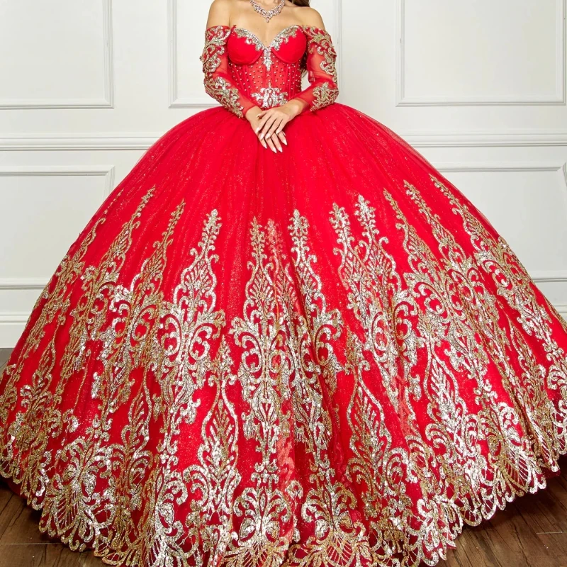 

Red Customized Gorgeous Ball Gown Quinceanera Dresses Sequin Appliques Lace Beads Tull Vestidos 15 De XV Sweet 16 Dress