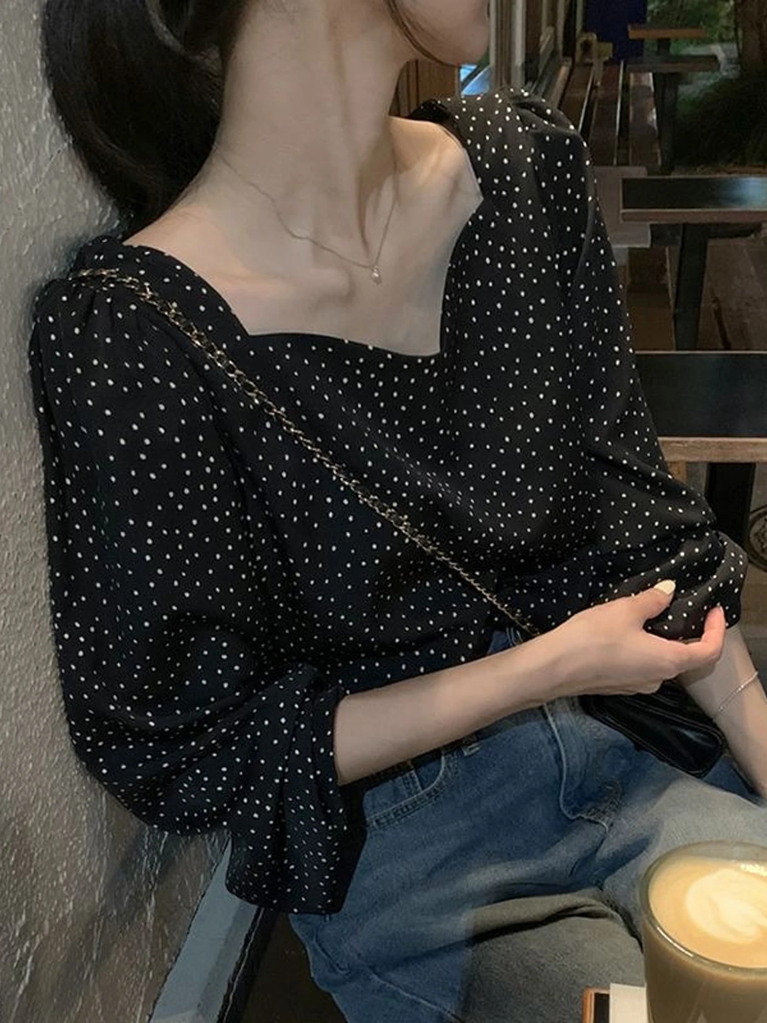 Chic Square Collar Short Sleeveless Floral Shirt Women's Retro Style Loose Fit Printed Gingham Fabric Long Sleeve Casual Shirt