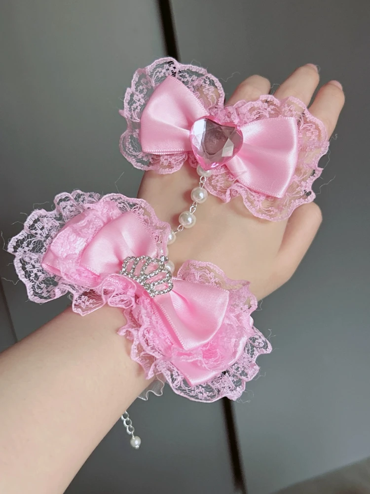 japanese-gal-style-rhinestone-crown-lacebows-jewelry-ring-bracelet-handmade-lolita-pink-bow-pearl-chain-lace-bracelets