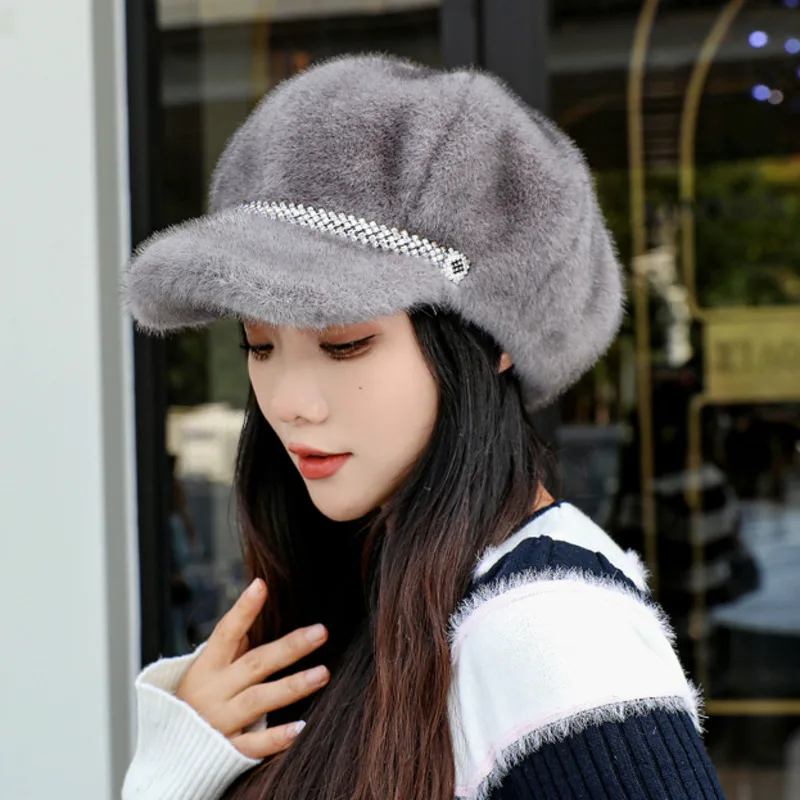 Winter Hat For Women Fashion Faux Fur Fluffy Duck Tongue Hat Female Warm Ear Protection Hats Outdoor Thicken Wind Snow Caps