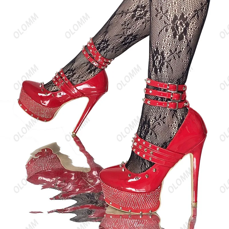 

Olomm 2021 Handmade Women Pumps Rhinestone Stiletto Heels Pumps Round Toe Gorgeous 9 Colors Club Wear Shoes Women US Size 5-20