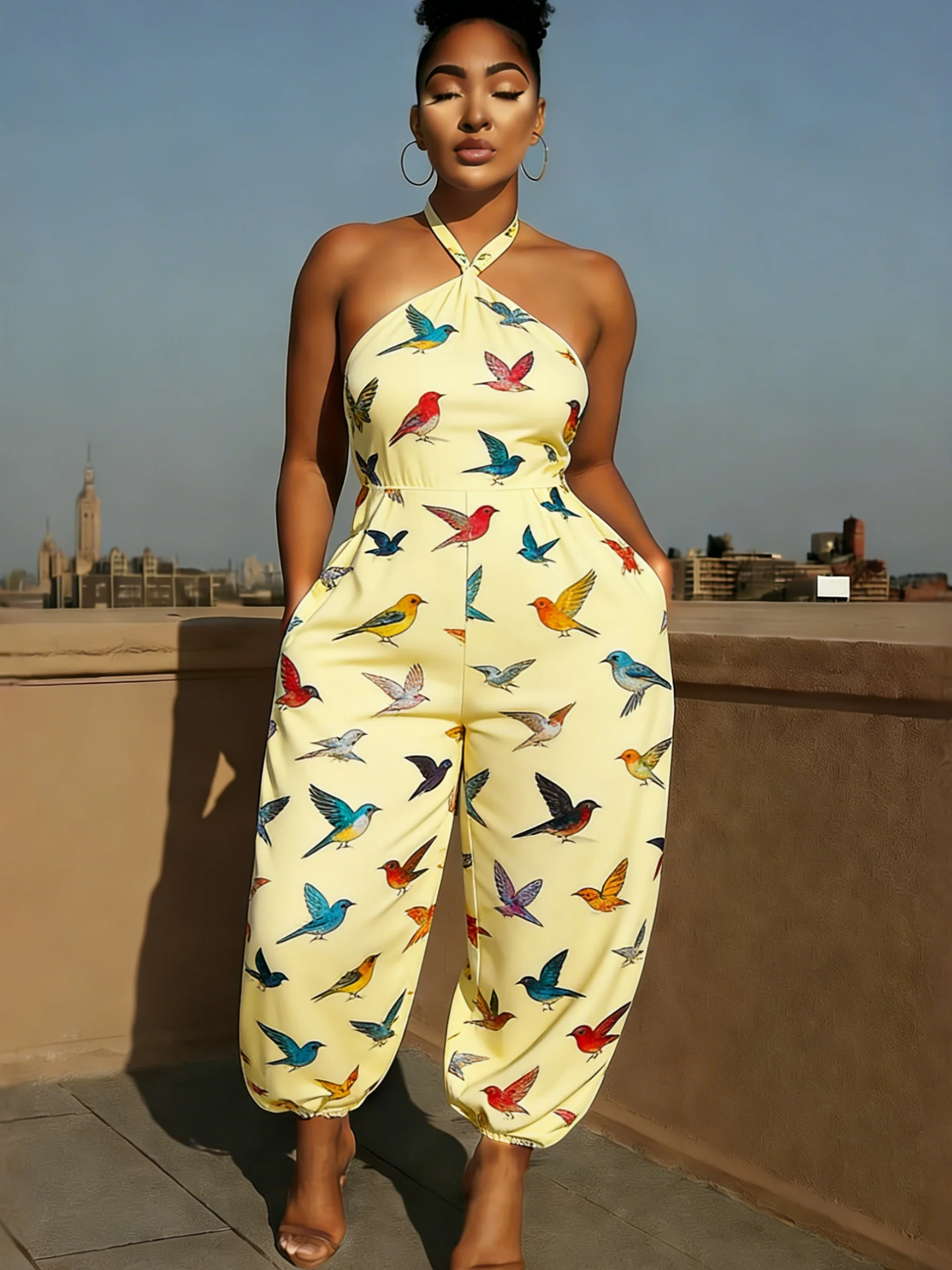 Fresh Colorful Bird Print Halter Neck Jumpsuit Women Sleeveless Loose Casual Daily Vacation Soft Elegant Outfit