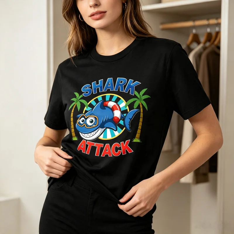 Shark Attack Cartoon T-Shirt Beach Vacation Shark Palm Tree Graphic Tee Casual Summer Streetwear for Men Women Top Y2k Harajuku