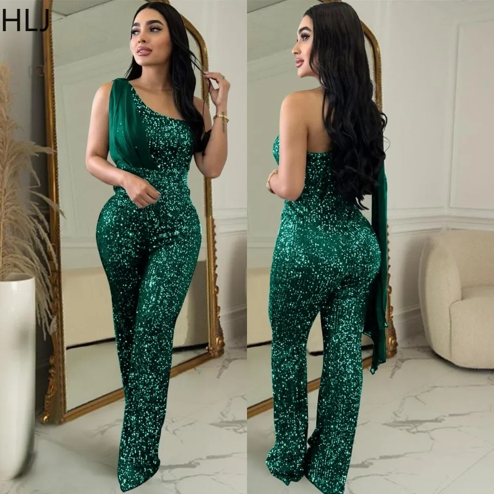 

HLJ Sexy Sequin One Shoulder Party Nightclub Jumpsuits Women Sleeveless Slim One Piece Playsuits Fashion Female Matching Overall