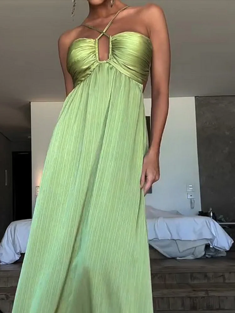 Summer Sexy Slim Pure Color Pleat Evening Dress Elegant Hollow Out Tie Up Dress Fashion Sleeveless Backless Tube Top Party Dress