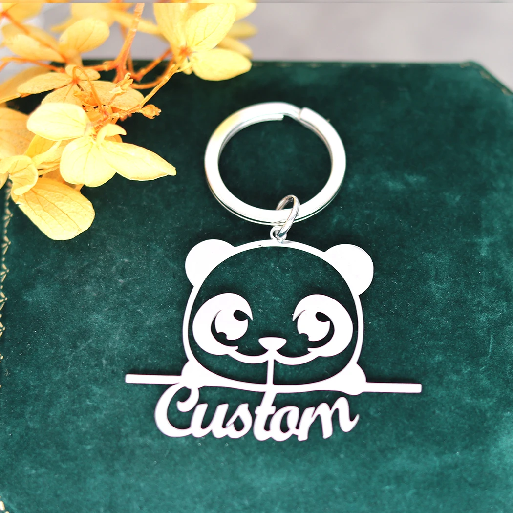 QIAMNI Chinese Cute Panda Personalized Custom Engrave Name Keychain Minimalist Stainless Steel Pendant Keyring for Women Kids