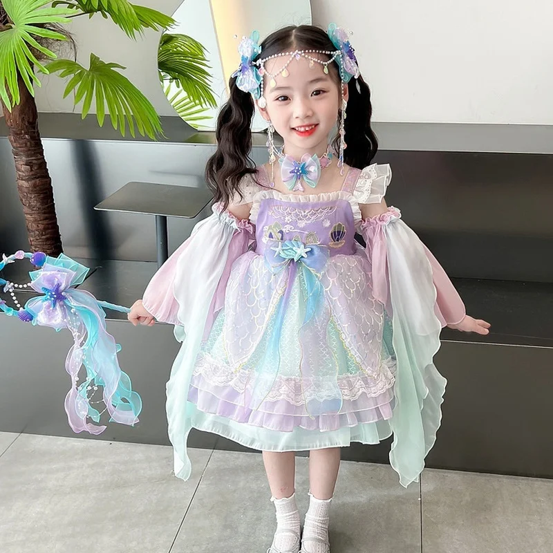 Anime The Little Mermaid Tulle Backless Wedding Ball Gown Party Princess Embroidery Floral Lolita Dress Girl Birthday Gift