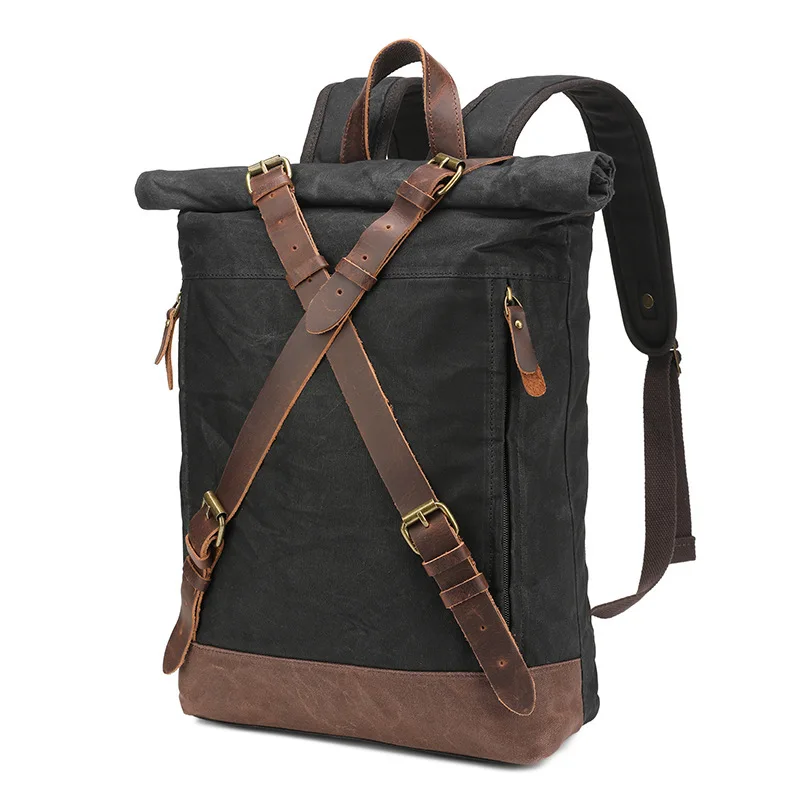 New Retro Waterproof Oil Wax Canvas Bag European and American Outdoor Travel Backpack Laptop Backpack Crazy Horse Leather