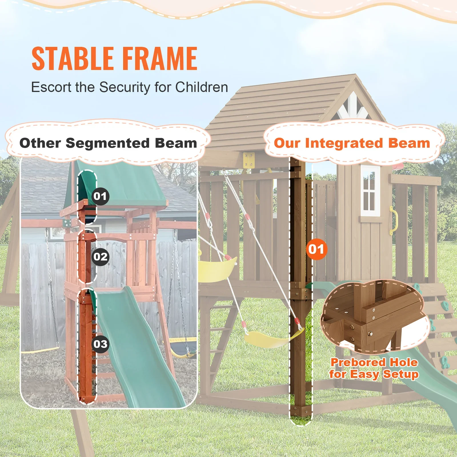 Wooden Swing Set 9/10 IN 1 Outdoor Playground Sets For Backyards 2 Swings Trapeze Bar 6 FT Slide Large Upper Fort 5