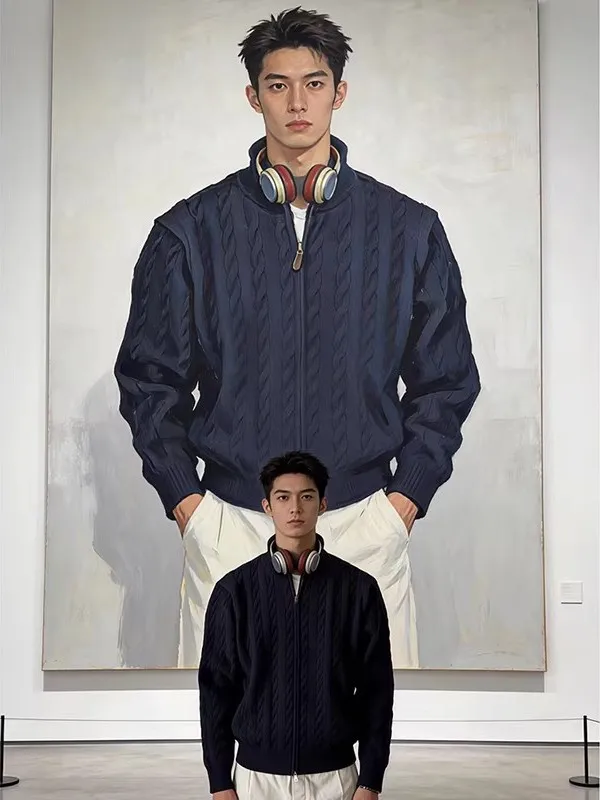 

Мужской зимний модный свитер-кардиган из кобальтовой пряжи с узором «косы», воротником-стойкой, теплый, повседневный, на каждый день