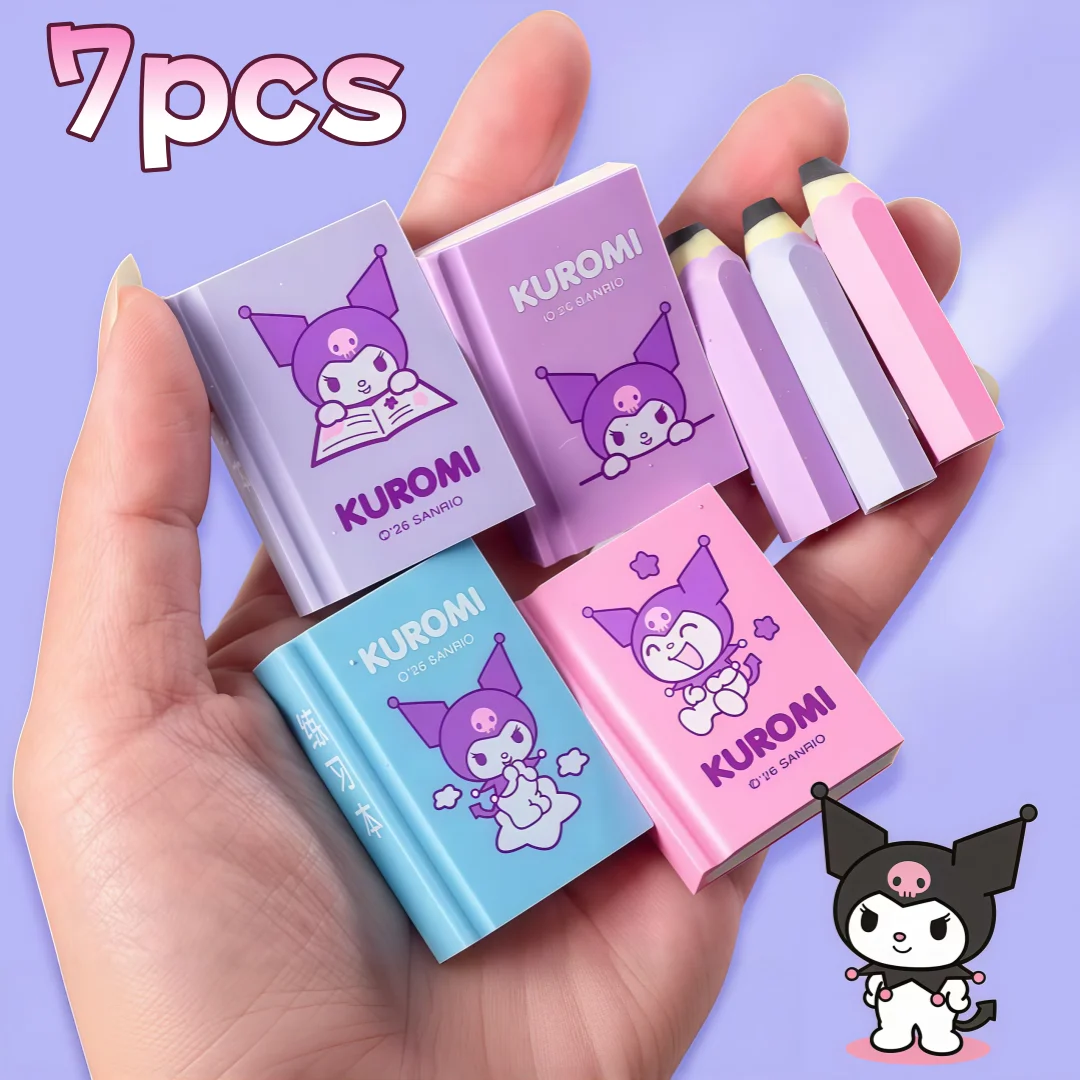 7Pcs Licensed Sanrio Kuromi Hello Kitty Book‑Shaped Erasers, Clean Low‑Dust, Kids Correction Eraser Stationery