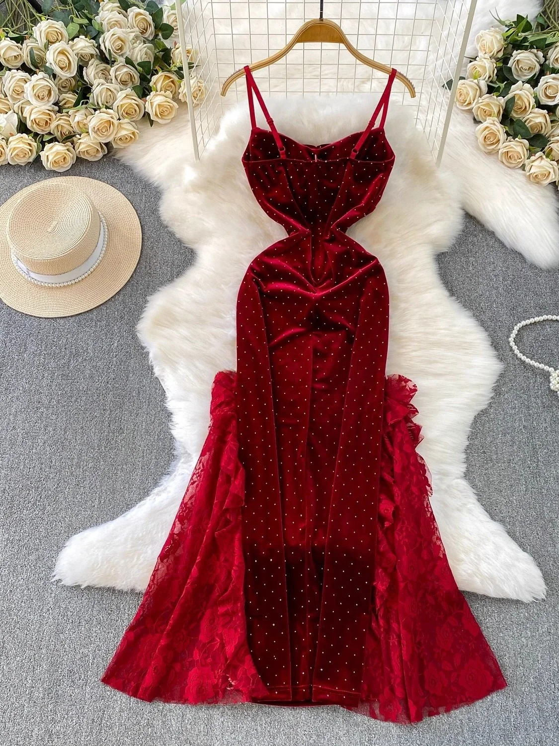 Suknia wieczorowa z aksamitu i koronki, damska, z wysokim stanem, długa, na czerwony dywan, modna, retro, z paskiem z dżetów.