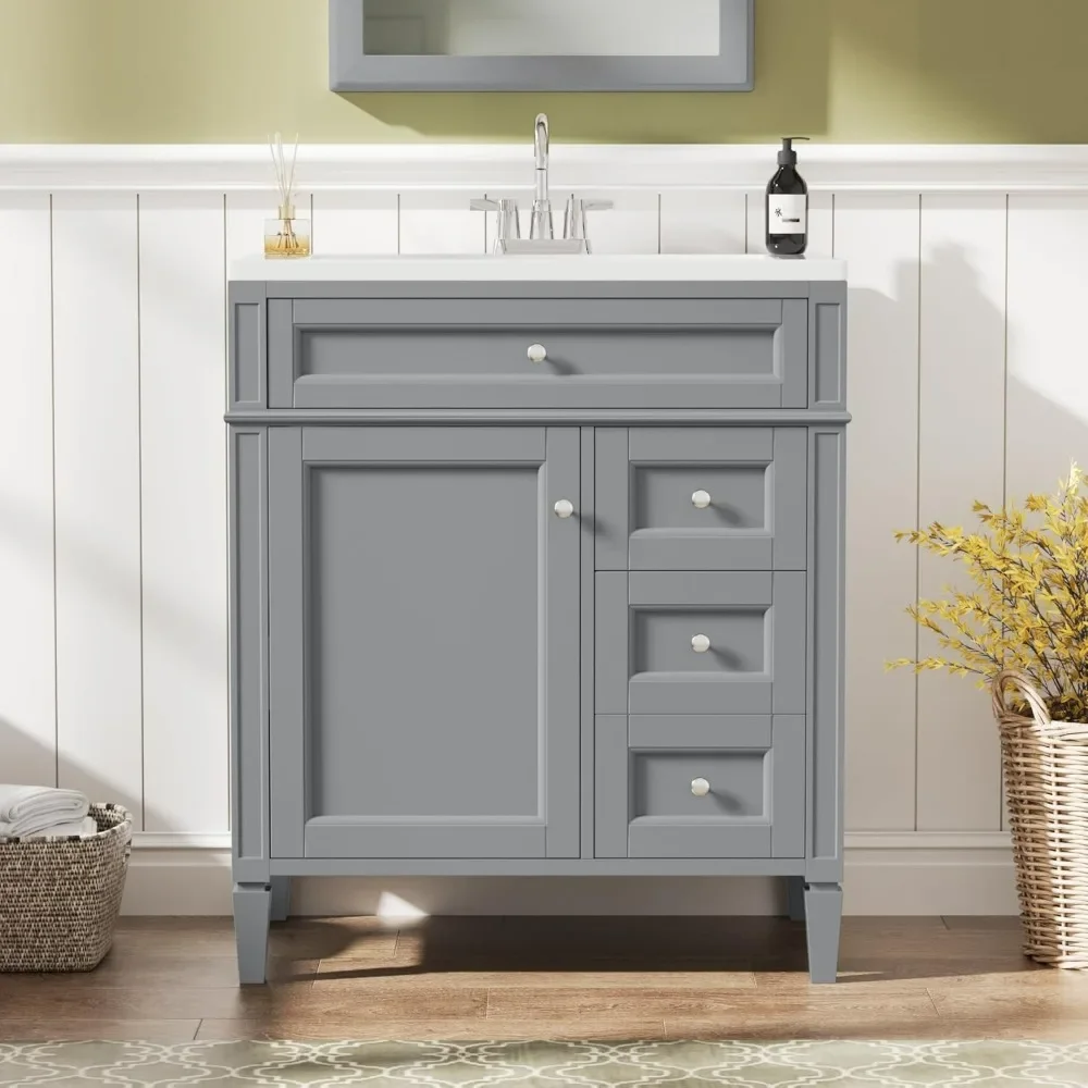 30'' Bathroom Vanity with Single Sink, Modern Bathroom Cabinets Freestanding with 2 Drawers and a Tip Out Drawer, Grey