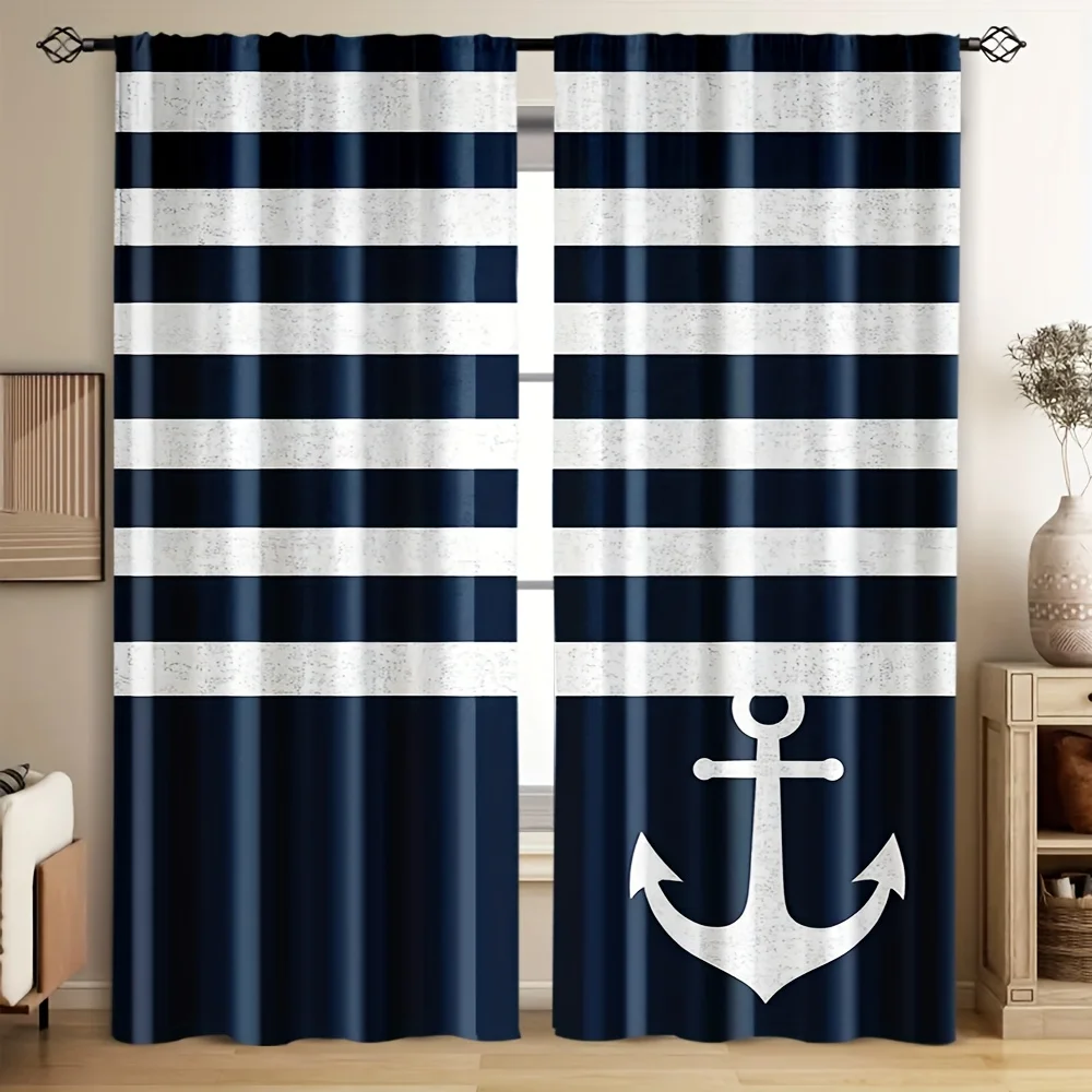 Nautical Anchor Curtain, Navy Blue White Stripe Window Drape, Maritime Ocean Theme Blackout Panel, Kids Bedroom Decor