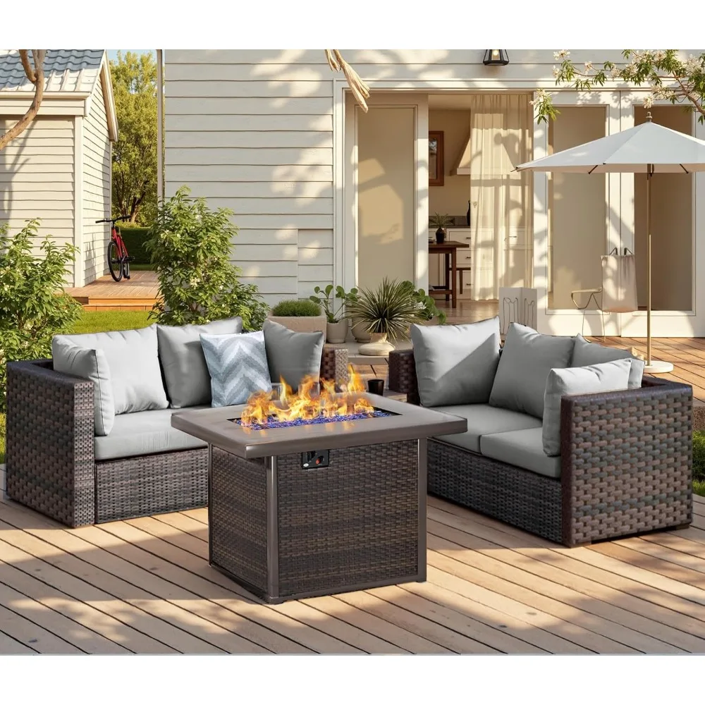 

Patio Furniture Set, with Fire Pit Table 5 Piece All Weather PE Rattan Outdoor Sectional Sofa Couch with 4 x arm Sofa